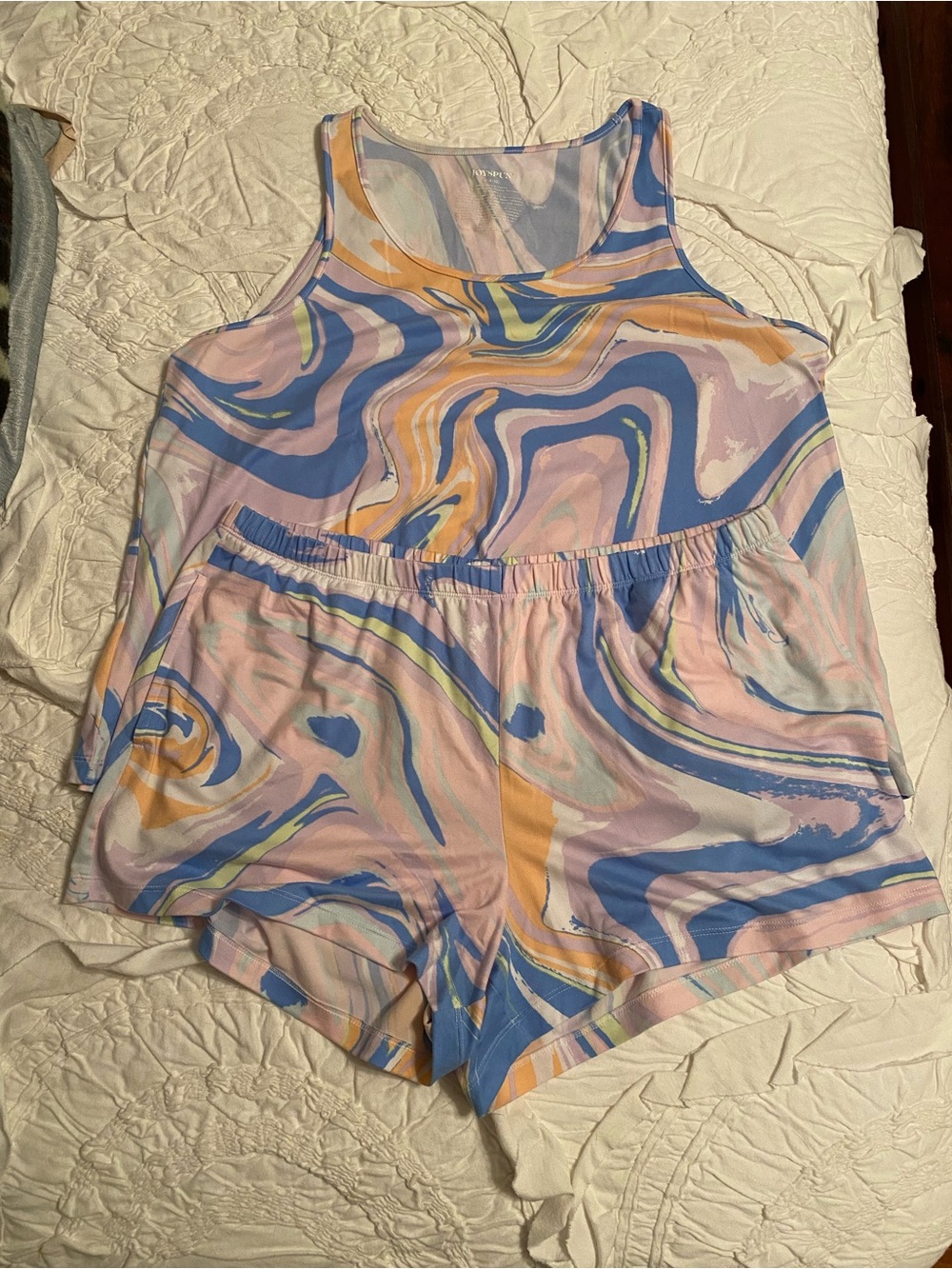 Marble-Print Sleeveless Pajama Tank & Shorts Set in Pastel Pink and Blue
